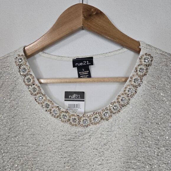 VTG Rue21 Top L White Metallic Gold Sparkle Pearls Rhinestones McBling Evening - Picture 5 of 13